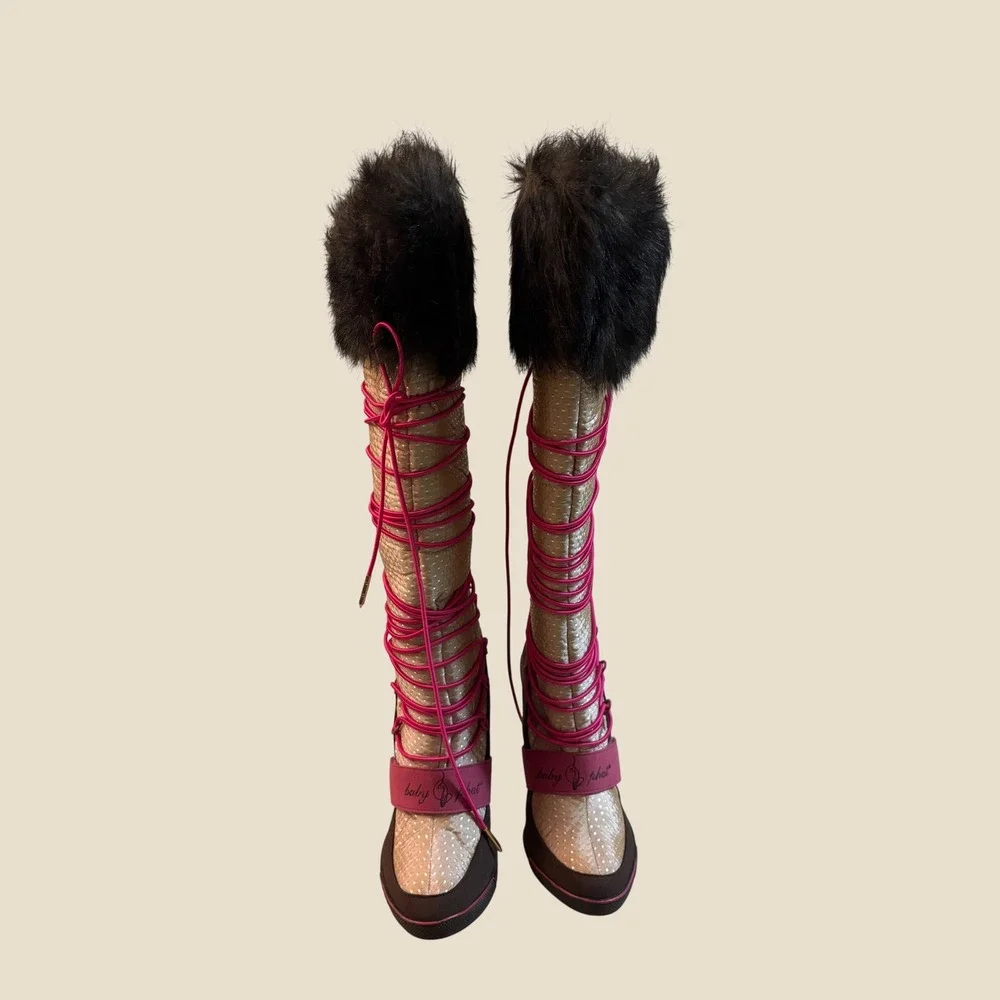 Y2K Rare Baby Phat Grail Faux Fur Stiletto Boots Pink Lace Up Knee High Vintage